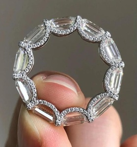East West Emerald Cut <b>Silver</b> Moissanite Engagement <b>Wedding</b> <b>Band</b> Bridal Full Eternity U Prong Hidden Halo Party Wear Anniversary - Product Image 5