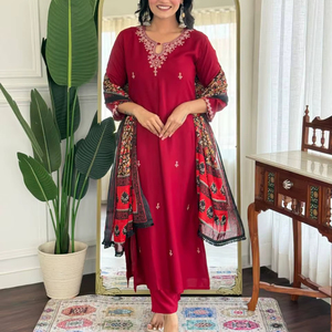 Trendy Designer Indian Pakistani Heavy Rayon Salwar Suit Latest Exclusive Maroon Embroidered kurti set Wedding Festive Wear - Product Image 1