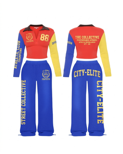 เสื้อครอปทีเชิ้ตผ้าโพลีเอสเตอร์ผสมสแปนเด็กซ์พรีเมียม 220 GSM แบบตัดต่อสี พร้อมกางเกงขายาวทรงกว้าง ชุดเซ็ตพร้อมโลโก้แบบรีดร้อน ชุดสำหรับผู้หญิง - Product Image 1