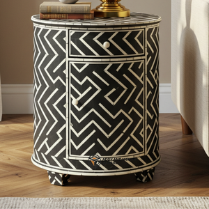 Mesita de noche de lujo con incrustaciones de hueso negro con diseño floral, mesita de noche hecha a mano con dos cajones - Product Image 6