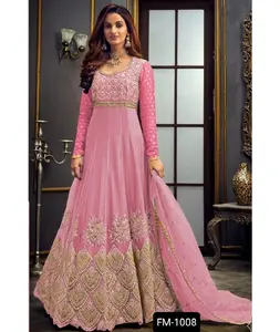 女性のためのインドのトレンディなファッション刺繍付きロングバングローリーシルクAnarkali Kurti Gown with Dupatta Wedding Partywear Suit