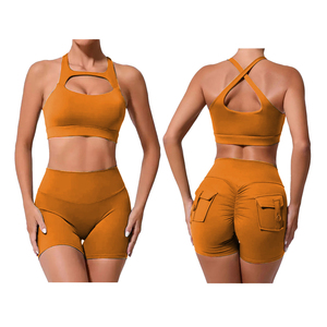 Vente en gros Ensemble 2 pièces côtelé personnalisé Vêtements de sport d'entraînement pour femmes grande taille Été Short Pop avec poche taille haute Ensemble yoga gym caramel - Product Image 4