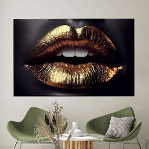 Impresión en Lienzo de Labios Dorados de Lujo: Glamour Chic para Decoración Moderna, 1 Pieza: Enmarcado en Estilo Galería - Product Image 1