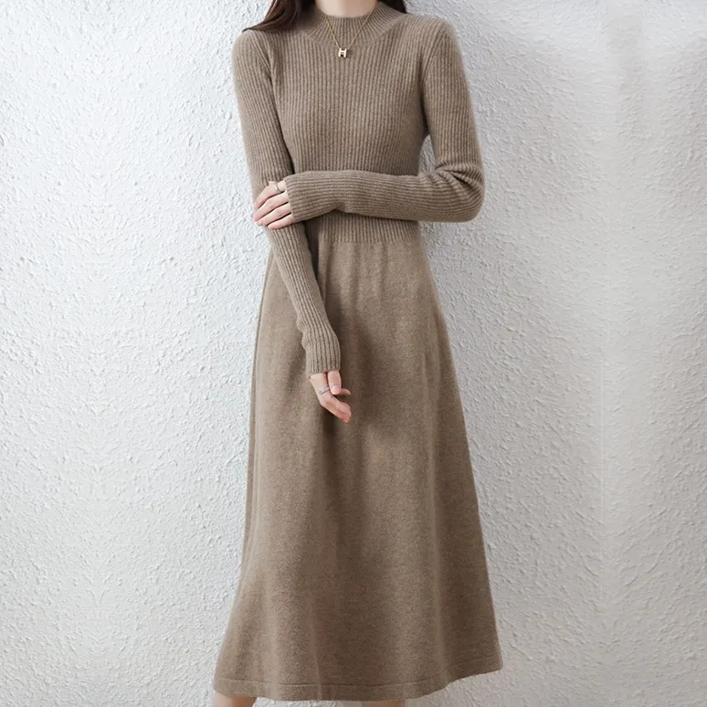 Solid Color Fashion Elegant Long Style Underlay Pullover Long Sleeve Knitted Winter Dresses Women