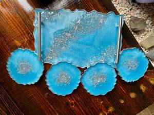 Conjunto de bandeja y posavasos de resina decorativa de diseño hecho a mano de alta calidad personalizado para restaurantes caseros de La India - Product Image 5