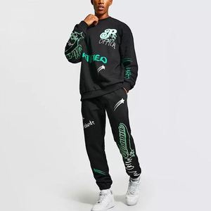 Conjunto de sudaderas para correr acampanadas de algodón 100% personalizado para hombre, sudadera con borde cortado y pantalón con estampado de farol, chándal de invierno, chándal apilado Se - Product Image 6