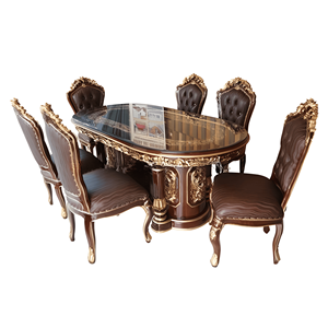 Ensemble de salle à manger en bois sculpté écologique et durable avec table ovale et 7 chaises rembourrées, design moderne pour usage domestique - Product Image 1