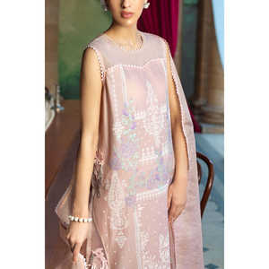 Ensemble 3 pièces élégant brodé en tissu Dobby avec imprimé floral, coupe trapèze, taille naturelle, et dupatta en tissu transparent brodé Zari - FE-52024 - Product Image 1