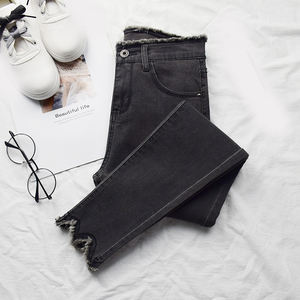 Pantalones de tubo de mezclilla de cintura alta para mujer con patrón sólido transpirable de estilo acampanado elástico para primavera Otoño e Invierno - Product Image 4