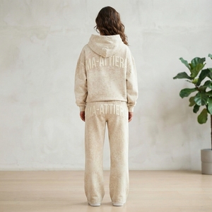 Ensemble sweat à capuche oversize beige délavé et pantalon de survêtement large pour femme, en molleton de coton, style streetwear, OEM ODM - Product Image 2