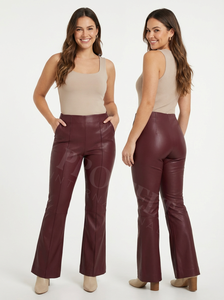 Pantalons évasés en similicuir pour femmes, vente en gros de vêtements de rue, taille haute, couleur unie, extensible, coupe slim, pantalon en cuir tendance - Product Image 2