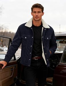 Veste d'hiver pour homme en velours côtelé doublée sherpa, coupe-vent, motif uni, finition denim, coupe régulière, vêtement décontracté d'extérieur - Product Image 2