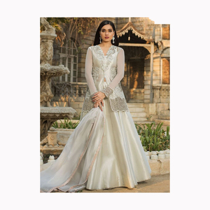 Ropa étnica india pakistaní Material de red Alta bordado borde de encaje perlas de diamantes trabajo largo elegante Dupatta Lehenga Choli vestido - Product Image 3