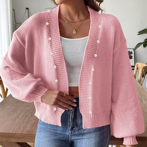 <span class=keywords><strong>Cardigan</strong></span> de Malha Cropped Chic para Mulheres PASUXI, Jaqueta Curta Elegante com Pérolas Costuradas à Mão, Top de Manga Longa para Senhoras - Product Image 3