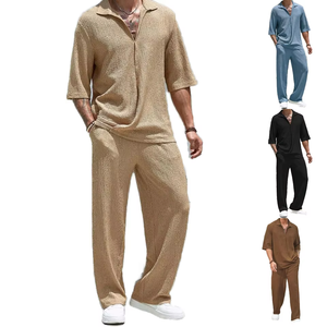 Ensemble de deux pièces de style vintage d'été pour hommes chemise décontractée et pantalon respirant à la mode et confortable - Product Image 1