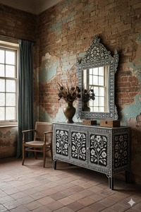 Espejo de pared decorativo con incrustaciones de hueso ligero ecológico moderno hecho a mano negro blanco Floral marco Rectangular corona hogar - Product Image 3