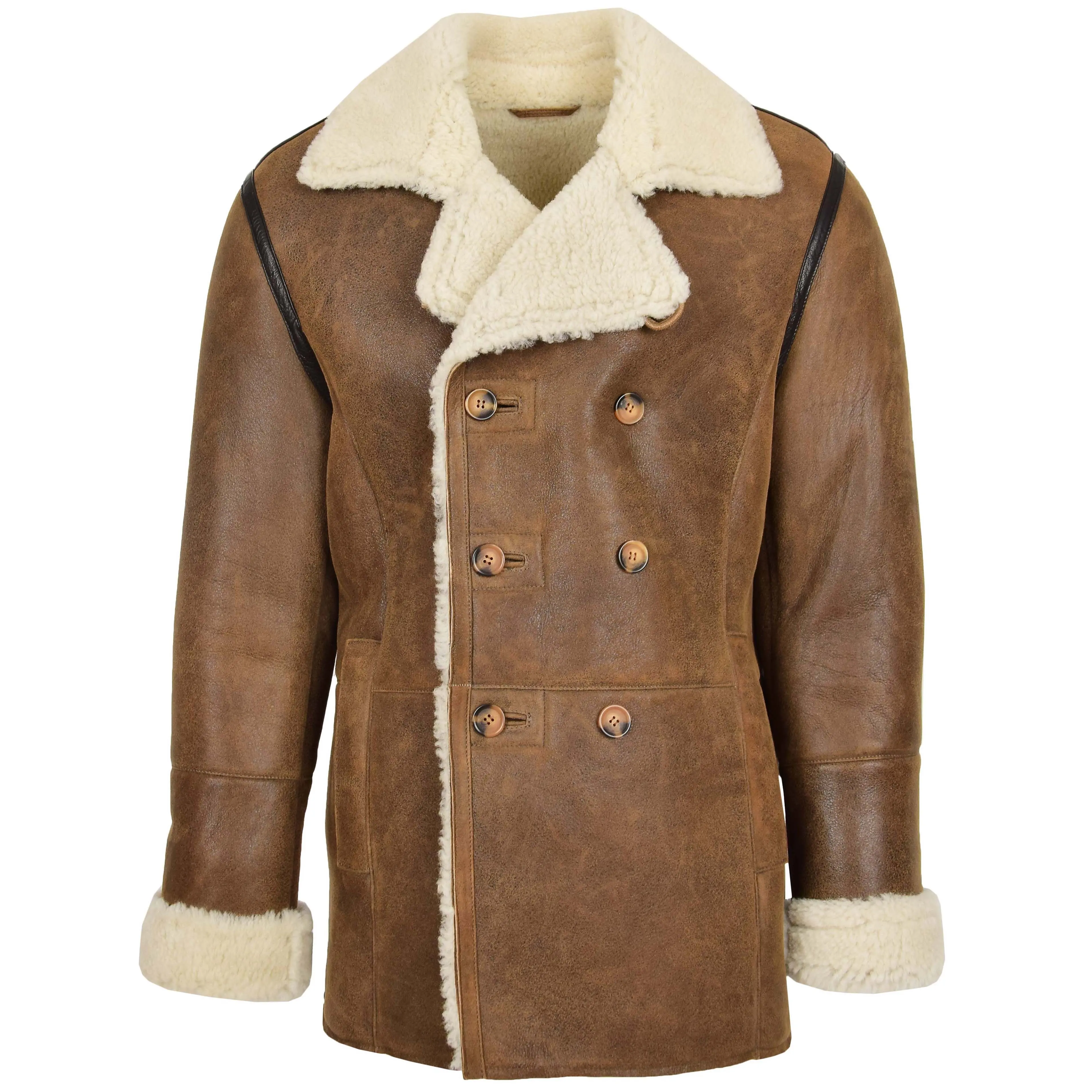 Men's Sheepskin Leather Trench Coat Shearling Vintage Style Winter Warm Wool white Faux Fur Long Coat