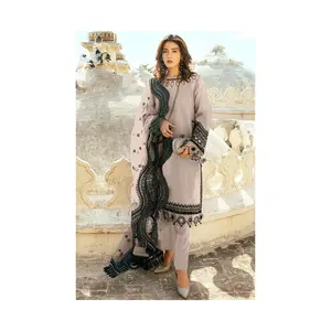 Robe de fête musulmane et indienne pakistanaise ethnique dames porter pelouse salwar kameez 3 pièces avec cou brodé - Product Image 1