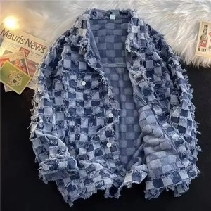 Veste en jean à carreaux pour hommes et femmes Style américain Loose-fit Vintage Design Sensibility Automne Casual Wear Trendy - Product Image 3