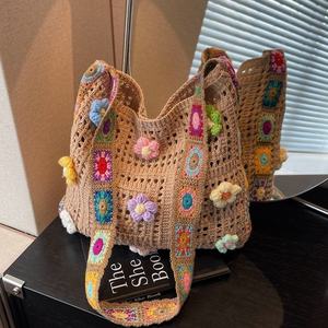 Bolso de Playa Tejido a Crochet, Hecho a Mano, con Diseño Hueco, Gran Capacidad, para Mujer, Decoración Bordada, Tipo de Cierre Abierto - Product Image 4