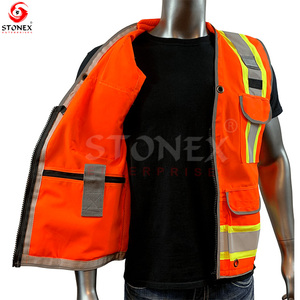 เสื้อกั๊กและแจ็กเก็ตสำหรับผู้ชายเสื้อนิรภัยผ้าโพลีเอสเตอร์สีส้มแบบมีหลายกระเป๋ามีซิปสะท้อนแสง - Product Image 4