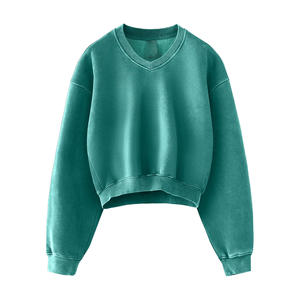 2025 Vintage mujer liso teñido Jersey polar invierno sudadera 100% algodón Casual Sudadera con capucha con cuello en V largo y mangas - Product Image 2