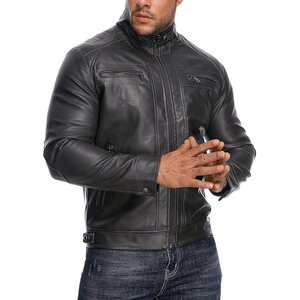 Chaqueta de cuero con cuello levantado para hombre, chaqueta informal de piel sintética para motocicleta, abrigo con bolsillos con cremallera - Product Image 6