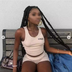 Ensemble 2 pièces pour femme avec logo personnalisé, en coton, col rond, sans manches, vêtements de détente, couleur unie, bodycon, haut à bretelles côtelé élastique et short - Product Image 5