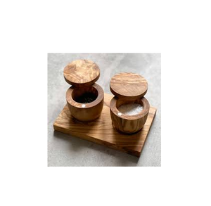 Bol en bois de sucre de sel récipient à condiments d'épices assaisonnement avec plateau en bois naturel de cuisine en quantité en vrac - Product Image 1