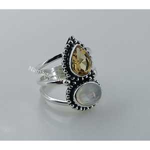 925 Sterling Silver Handmade <b>Statement</b> <b>Ring</b> for Women Natural Citrine and Rainbow Moonstone November Birthstone Gift - Product Image 4
