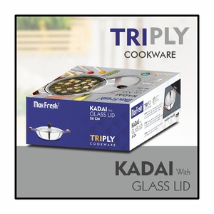 Maxfresh-Batterie de cuisine Kadai Triply de qualité supérieure en acier inoxydable durable, 2 pièces, design moderne, avec couvercle en verre allant au lave-vaisselle et au four - Product Image 5