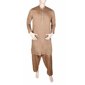 Shalwar Kameez Bordado con Cuello de Banda para Hombre - Beige - Product Image 1
