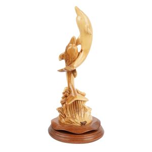 Sculpture artisanale en bois d'olivier de deux dauphins, 32 cm, fabriquée à Bethléem, Ghassan Salsa Art Deco, figurine de dauphin écologique - Product Image 1