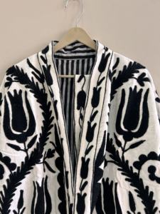 Cotton Suzani Handmade Traditional Embroidered Long Length <b>Kimono</b> Robe Duster Jacket - Product Image 3