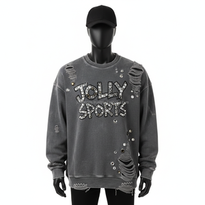 High Quality 380 GSM Men <b>Sweatshirt</b> <b>Vintage</b> Washed Cotton Fleece With Rhinestone Embellished Custom Logo Basics <b>Sweatshirt</b> - Product Image 1