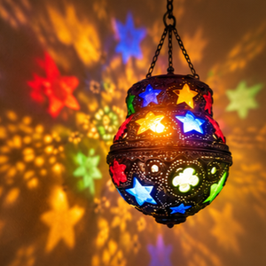 Farida Hookahs Handmade Moroccan Hanging Lantern Gold Brass/Grey Finish Colorful <b>Star</b> Glass Arabic Decorative Pendant <b>Light</b> IP - Product Image 4