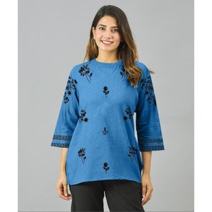 KN SILVAKIYA VOL II Haut décontracté à imprimé floral vintage en lin, mousseline et polyester tricoté, taille XL, avec logo décoratif, idéal pour les fêtes - Product Image 1