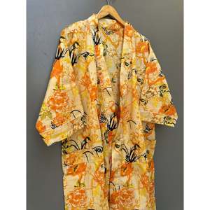 Robe Kimono en Coton Style Vintage Imprimée à la Main, Légère et Respirante avec Col Mandarin, Longueur Ras du Sol pour les Loisirs - Product Image 3