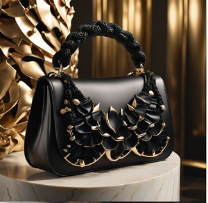 Sac hobo noir élégant avec des ornements en métal baroque doré et une poignée tressée texturée. # vente en gros - Product Image 3