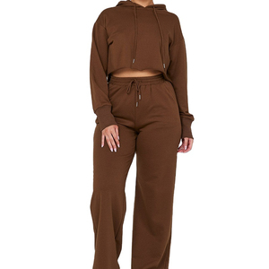 Vente en gros de sweat à capuche à manches longues en coton brut et pantalon de jogging ensemble costume marron décontracté 2 pièces ensemble à capuche pour femmes 2026 - Product Image 6