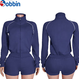 Ensembles de sport pour femmes grande taille sur mesure, logo personnalisé, coton, couleur contrastée, vestes à manches longues, shorts, 2 pièces, vêtements de sport pour femmes - Product Image 6