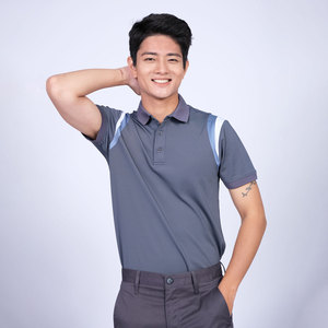 เสื้อเชิ้ตโพลีเอสเตอร์ระบายอากาศลำลองสำหรับผู้ชายเสื้อมีแถบสีตัดกัน100% คอถัก - Product Image 3