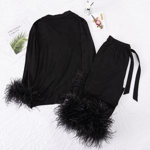 Personalizado Novo Design De Luxo Pijama Das Mulheres Penas De Avestruz Pijamas Casual Manga Longa Modal Loungewear Pijamas Set Mulheres - Product Image 2