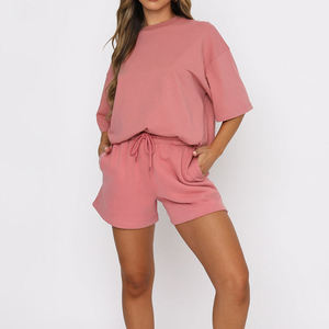 Ensemble deux pièces pour femmes T-shirt surdimensionné 100% coton Short de survêtement Plus Size Casual Loungewear Jogger Female Tracksuit Set - Product Image 3
