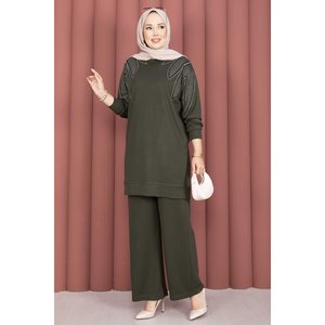 ชุดลำลองสีกากีแบบสองชิ้น ไซส์ XS ถึง XL ประดับด้วยหินที่เสื้อคลุมไหล่และกางเกง - Product Image 1