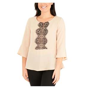 NY Collection Top da donna in maglia con pannello in pizzo e maniche a 3/4 marrone, taglia media - Product Image 1