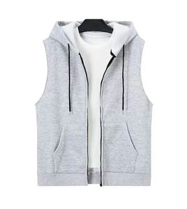 Hot Sale 100% Cotton Men's Sleeveless Hoodie Good Quality Zip Gym Hoody with Drawstring Vest Breathable and Printed Pattern - Product Image 1