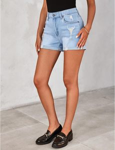 Pantalones cortos de mezclilla desgastados de cintura alta para mujer, pantalones vaqueros rasgados transpirables con cierre de cremallera con botones, puños cosidos, dobladillo enrollado para invierno - Product Image 5