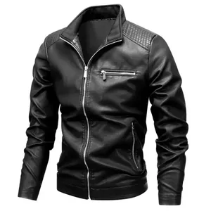 Chaquetas de cuero de PU informales a la moda para hombre, prendas de vestir cálidas para motorista con cuello levantado, estilo atractivo en chaqueta de tela de lona para hombre - Product Image 5