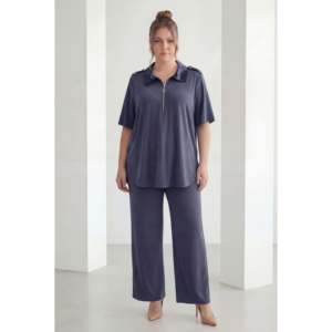 Chemisier en modal grande taille avec épaulettes et fermeture éclair bleu marine - Product Image 3